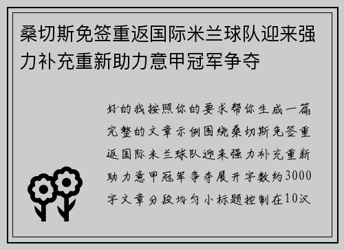 桑切斯免签重返国际米兰球队迎来强力补充重新助力意甲冠军争夺