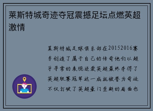 莱斯特城奇迹夺冠震撼足坛点燃英超激情 莱斯特城奇迹夺冠震撼足坛点燃英超激情